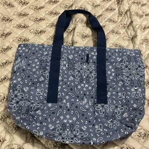 Victoria's Secret Blue Paisley Canvas Tote with Navy Handles